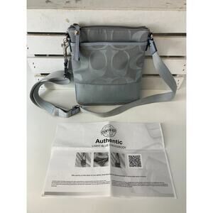 COACH GRAY CANVAS LEATHER TRIM SIGNATURE SMALL CROSSBODY BAG